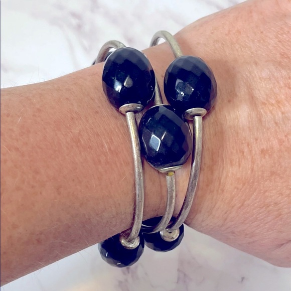 Sterling silver bracelets with black beads - set of 3 stretchy - Picture 1 of 4